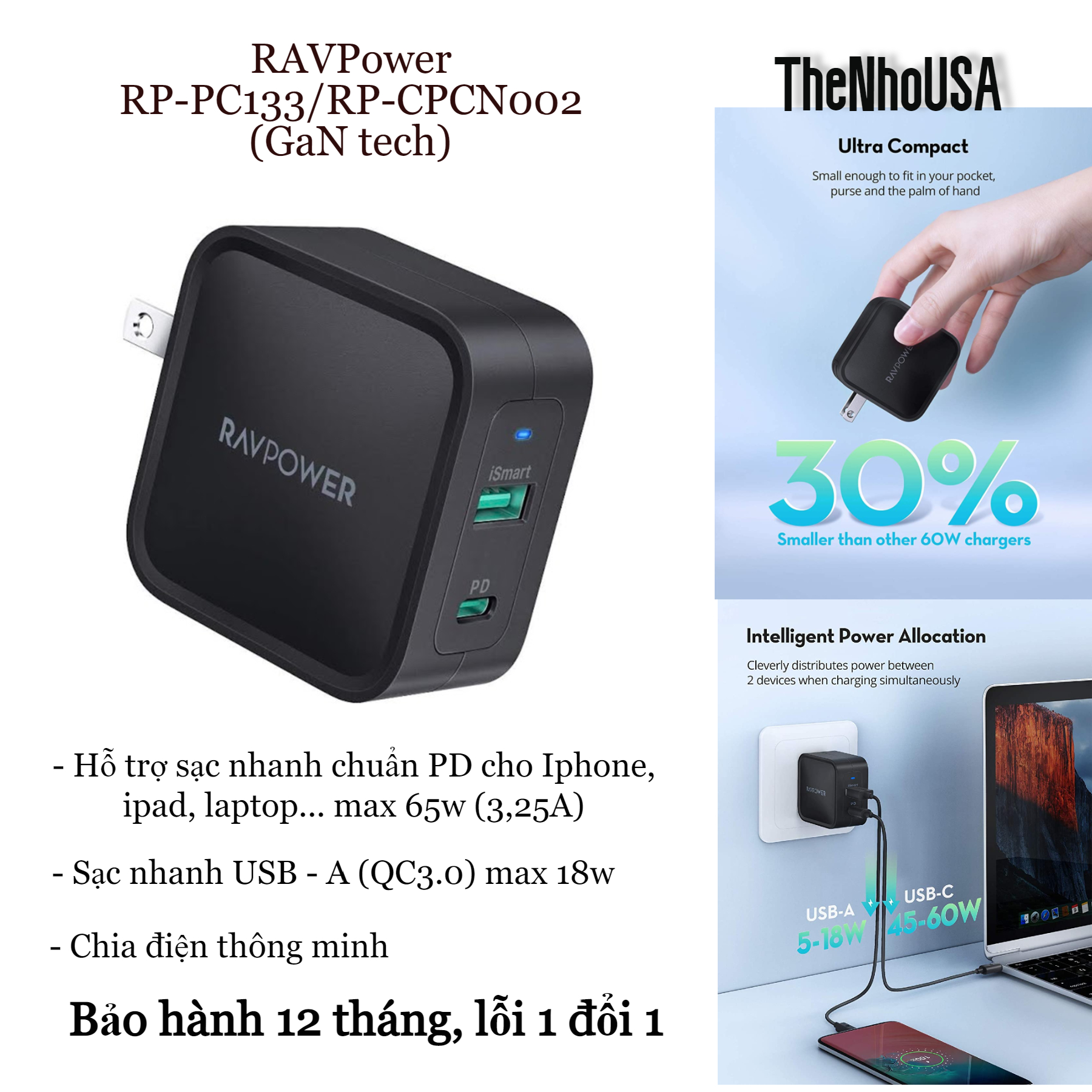 Củ sạc nhanh RAVPower 2 cổng - 65W PD [GaN tech] RP-PC133/CPCN002 [BH12T]