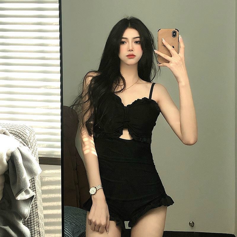 Bikini nhún bèo cúp nơ đen sexy