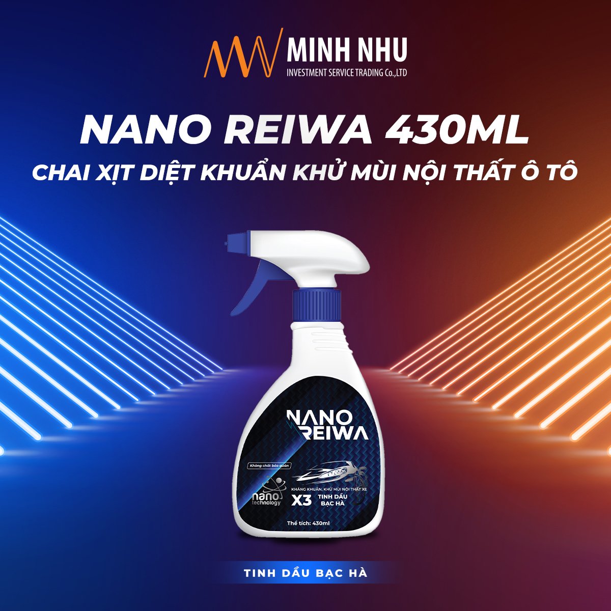 [HCM]Chai xịt diệt khuẩn khử mùi ô tô Nano Reiwa 430ml - Tinh dầu bạc hà nguyên chất x3. Dùng khử mùi được cho phòng ngủ nhà hàng