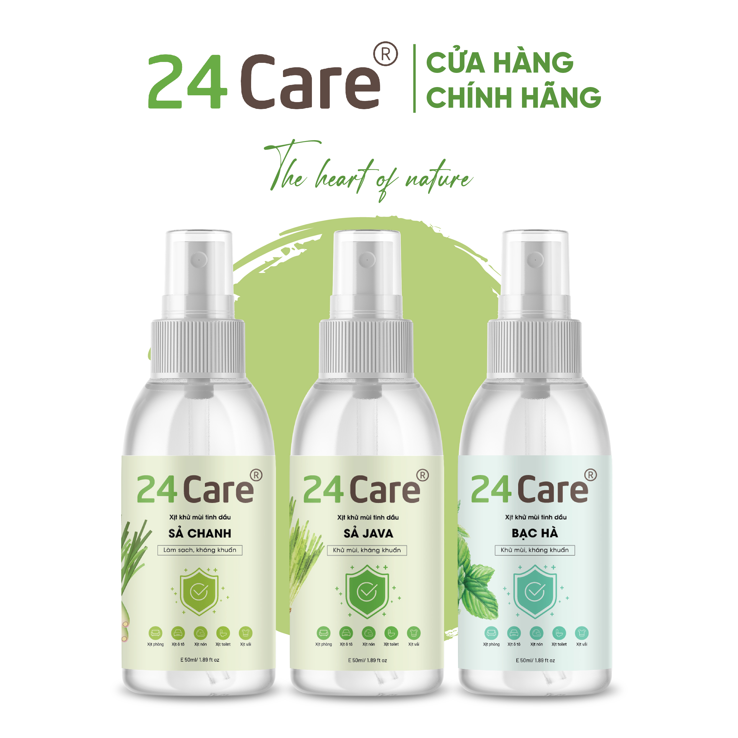 Combo 3 xịt phòng tinh dầu hữu cơ organic 24care 250ml/chai - kháng khuẩn - khử mùi hôi - đuổi muỗi, kiến ba khoan, côn trùng - hương thơm thư giãn