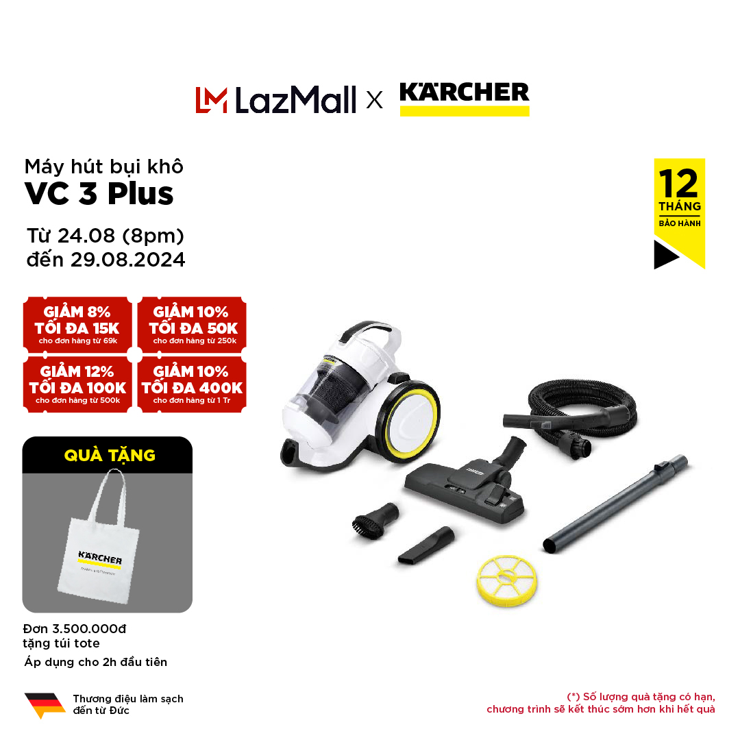 Máy hút bụi gia đình 1100W Karcher VC 3 Plus (không dùng túi lọc), độ ồn thấp 75dB chạy êm, bộ lọc HEPA lọc sạch bụi mịn, đầu hút đa dạng