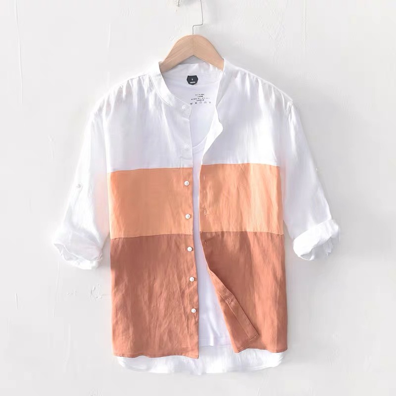 [HCM]Áo sơ mi nam cổ tàu phối ba màu chất liệu đũi cao cấp