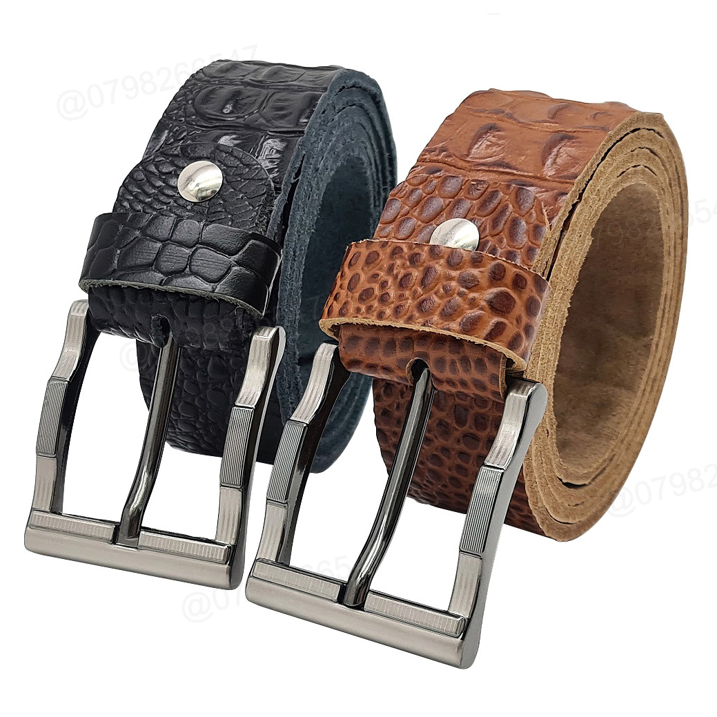 Tặng đục lỗ - Thắt lưng nam da bò vân cá sấu DHM-036 | Khoá kim nguyên khối màu xám thời trang | Bảo hành 12 tháng