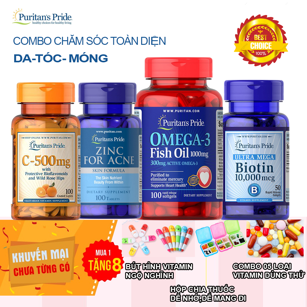 [Tặng thêm 8 sản phẩm]Duy nhất 27-3 Combo 4 sản phẩm vitamin C, kẽm trị mụn, omega 3 biotin 10000mcg 50 viên của Mỹ Puritans price