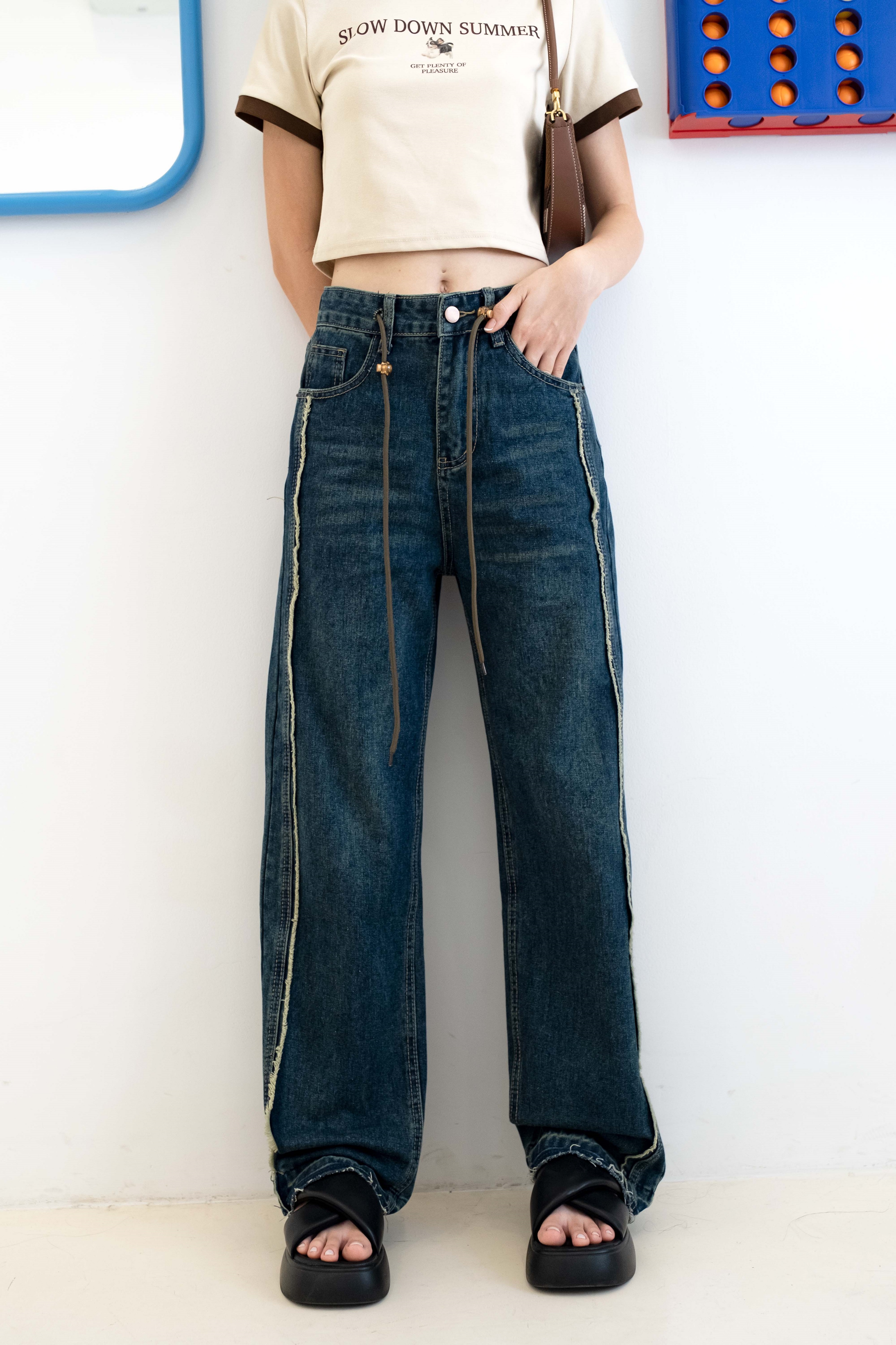 Quần jeans culottes xả lai phối tua thắt dây lenclothing 9429