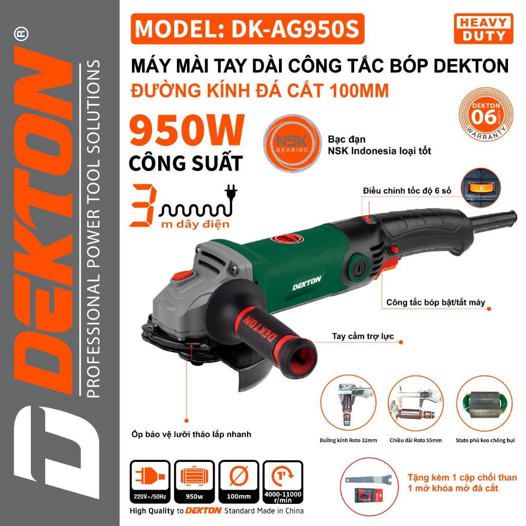Máy mài cầm tay đuôi dài 100mm có chỉnh tốc dekton dk-ag950s