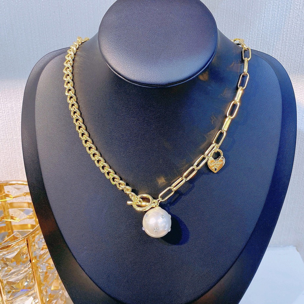 Choker vòng cổ nữ xích mặt dây chuyền châu đính đá và ổ khóa hình trái tim sang chảnh