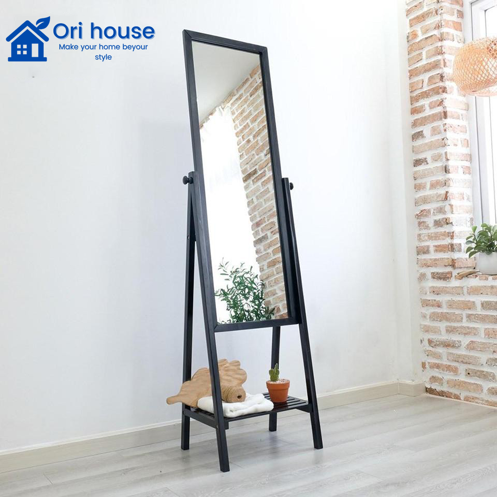 Gương đứng soi toàn thân phối kệ khung gỗ màu đen