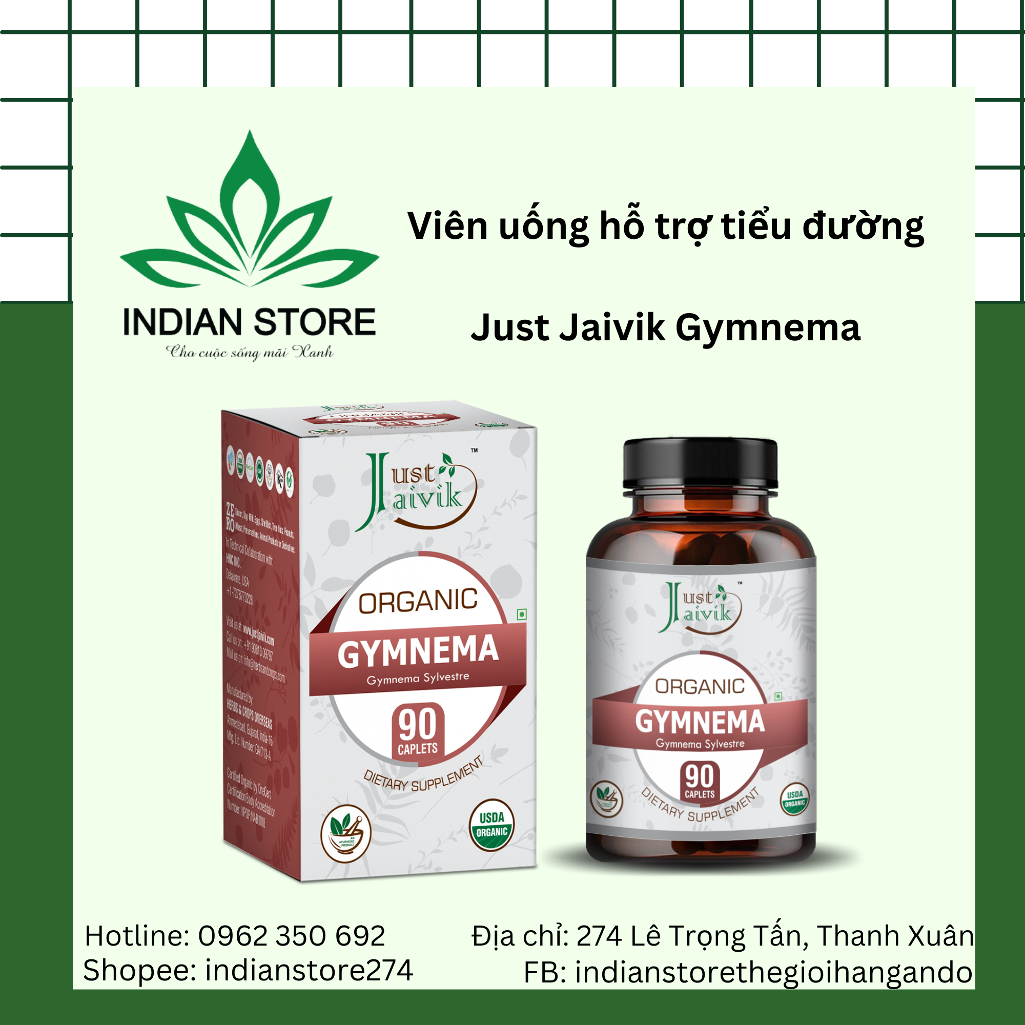VIên uống hữu cơ hỗ trợ tiểu đường - Just Jaivik Gymnema