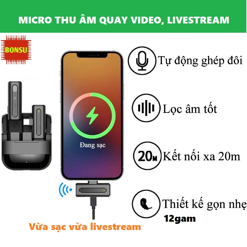 Micro thu âm cài áo không dây M9 dùng cho quay video, livestream