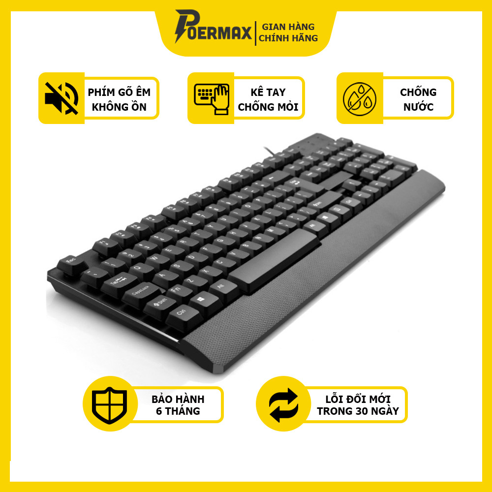 Bàn phím máy tính BK21 kết nối có dây, gõ êm không có tiếng, có kệ kê tay phù hợp với văn phòng và học tập