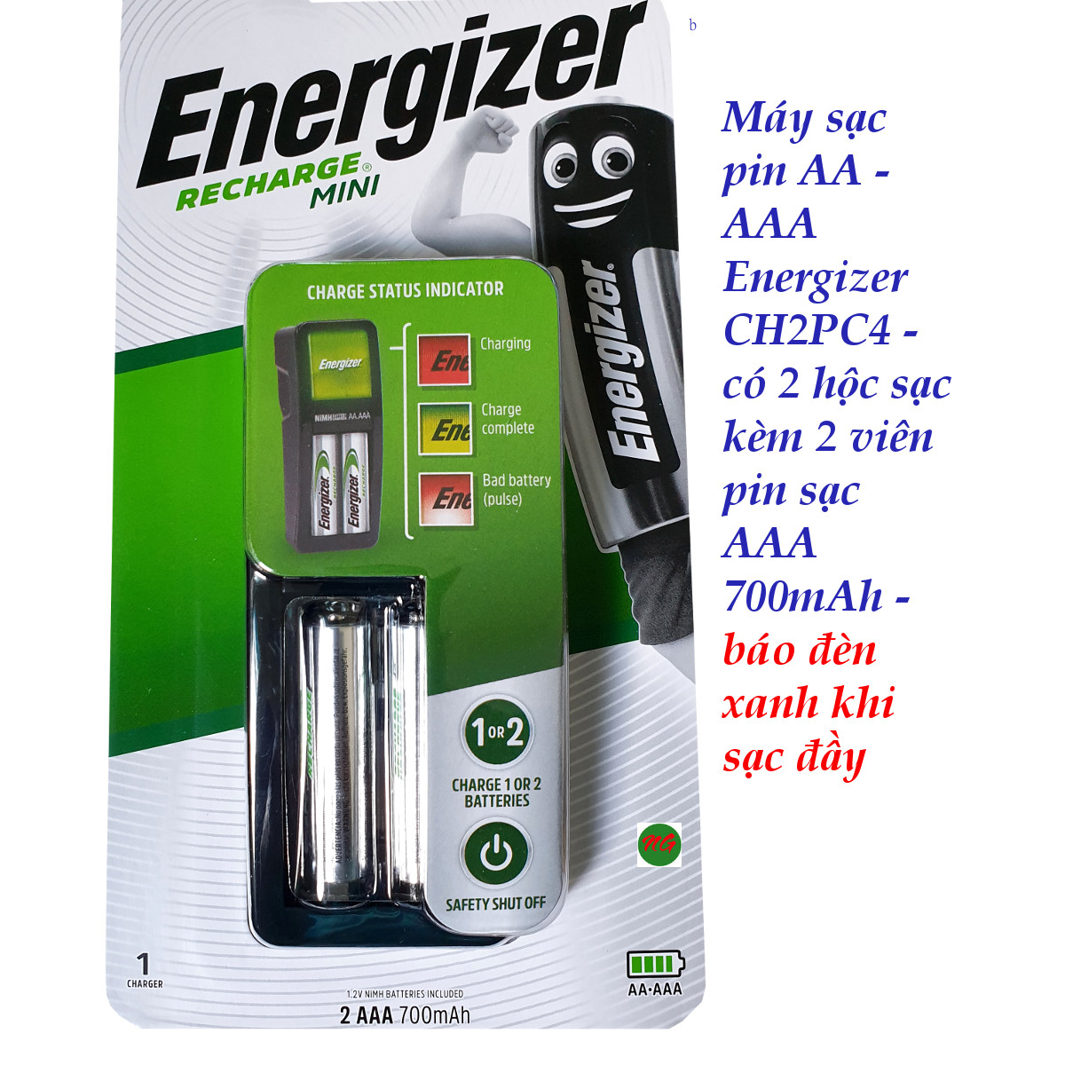 Máy sạc pin 2 hộc ch2pc4 hoặc pin sạc aaa / aa energizer - báo đèn xanh khi sạc đầy