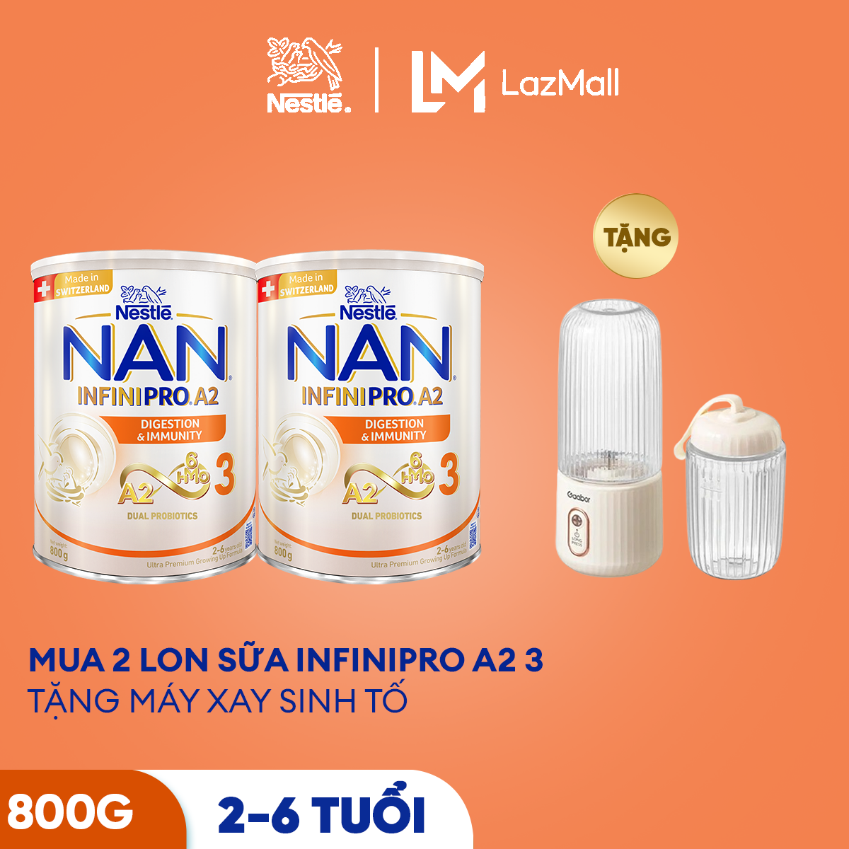 [Tặng máy xay sinh tố] Bộ 2 lon Sữa bột Nestlé NAN INFINIPRO A2 bước 3 800g cho bé 2 - 6 tuổi nhập khẩu Thụy Sĩ chứa đạm quý A2