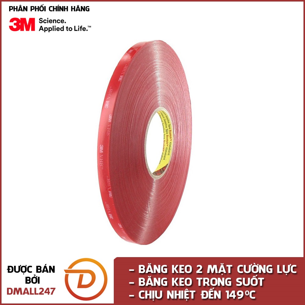 Băng keo cường lực trong suốt 3M khổ 10mm x 33m VHB 4910-10 - Dmall247, Siêu dính, thay thế ốc vít, sản xuất, thi công, chuyên dụng, bán sỉ giá tốt, dễ sử dụng, hiệu quả cao, có cắt theo kích thước yêu cầu