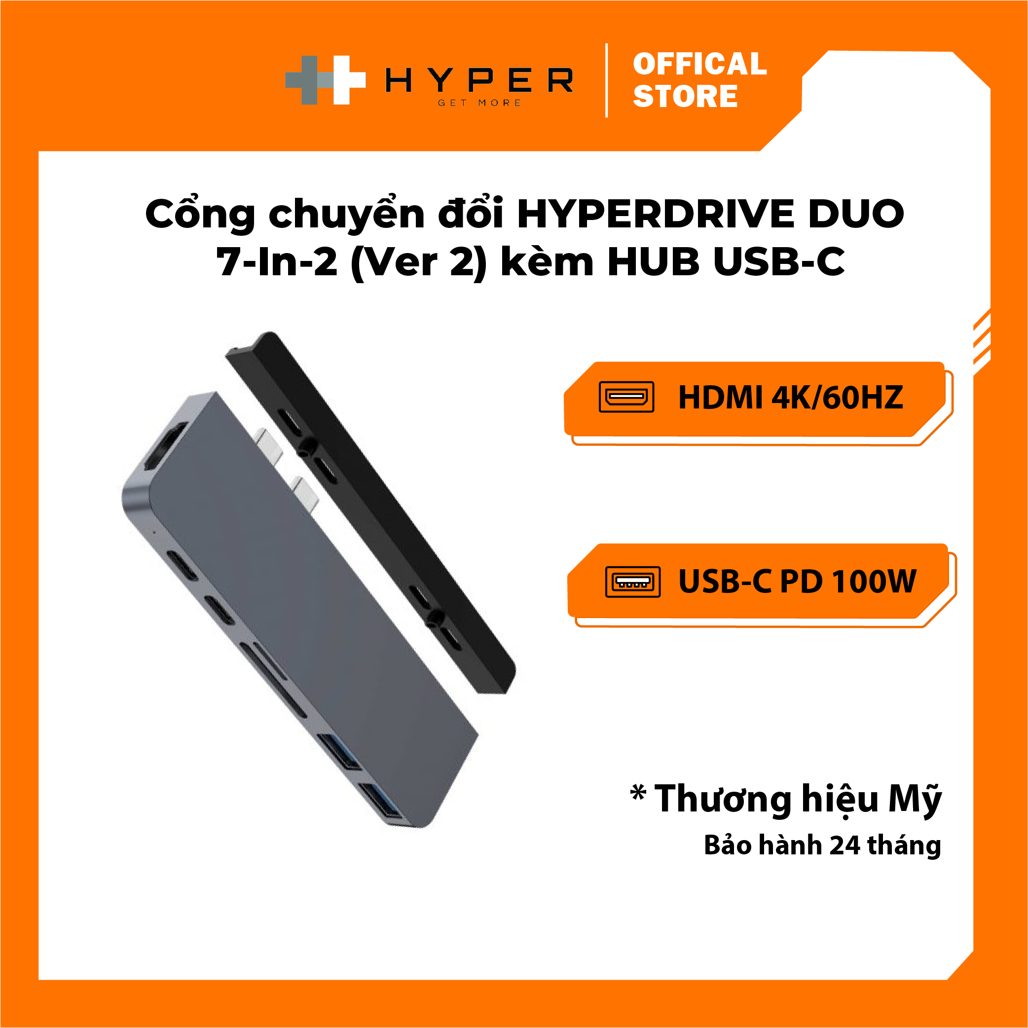 CỔNG CHUYỂN HYPERDRIVE DUO 7-IN-2 (VERSION 2) HDMI 4K60HZ WITH CABLE USB-C HUB FOR MACBOOK/IPADPRO/LAPTOP/SMARTPHONE - HD28C-GR