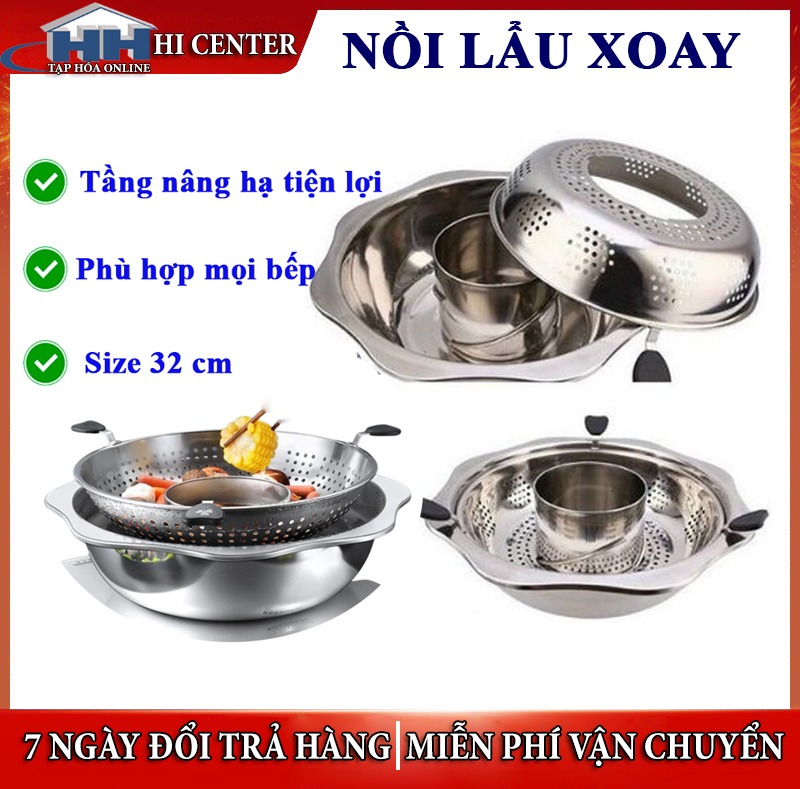 Nồi lẩu xoay inox 2in1 size 32cm Nồi lẩu xoay 2 tầng nâng đồ ăn thông minh nồi lẩu nồi lẩu đa năng