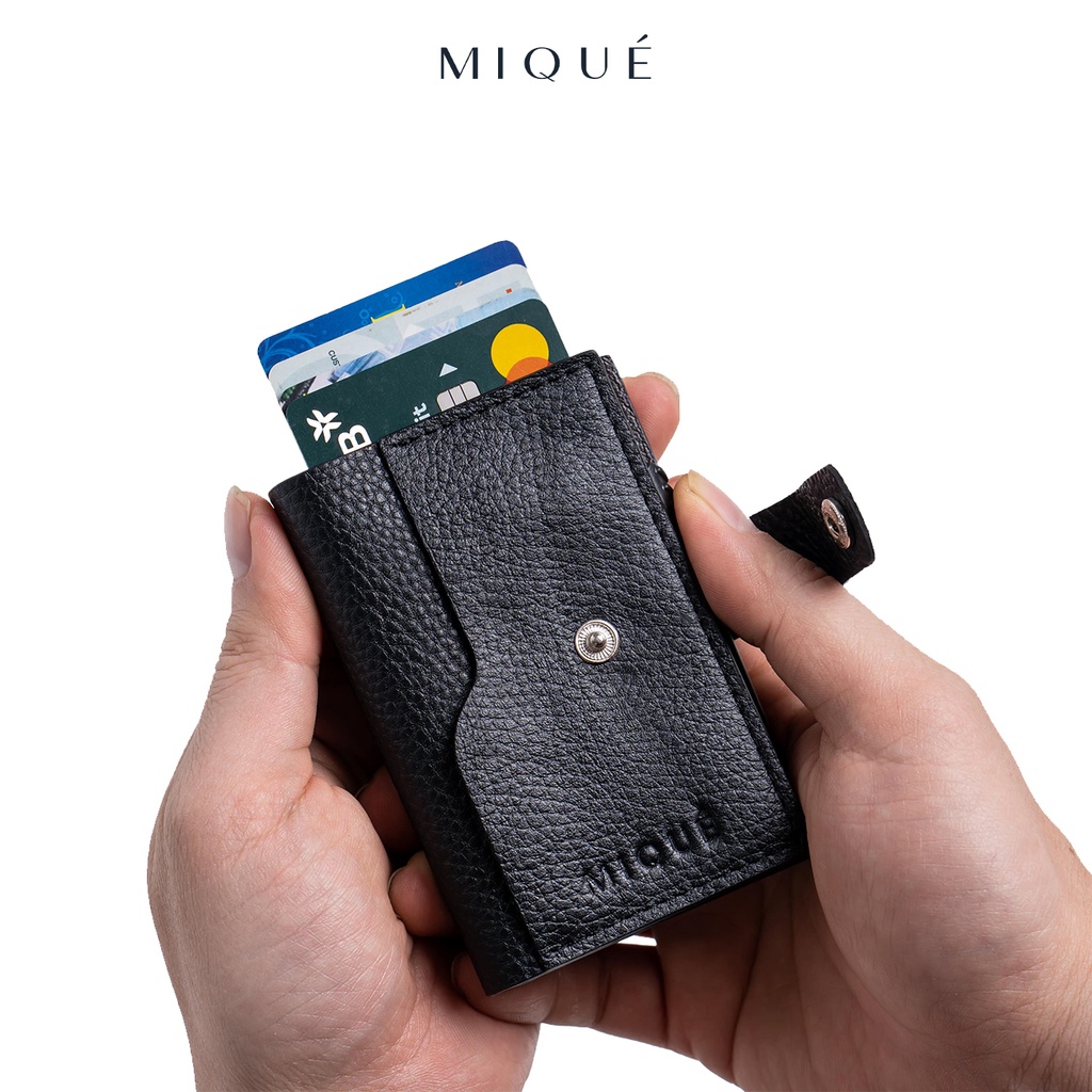 Ví da thông minh gập hai Pieces với box đựng thẻ tự động, da bò vân Mill cao cấp chính hãng Jenoss