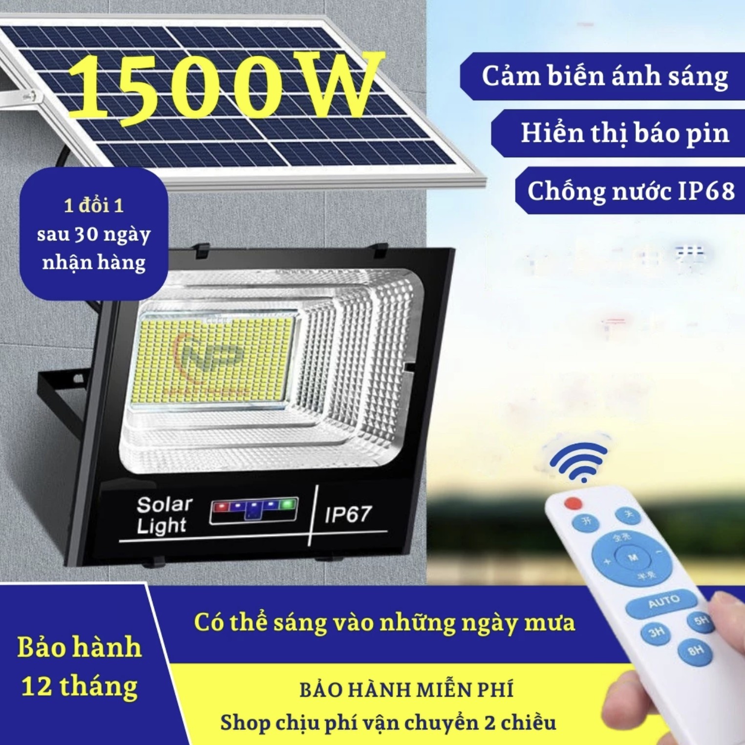Đèn Năng Lượng Mặt Trời Solar Light 1500W IP67 Tiết Kiệm Điện Có Điều Khiển Tự Động