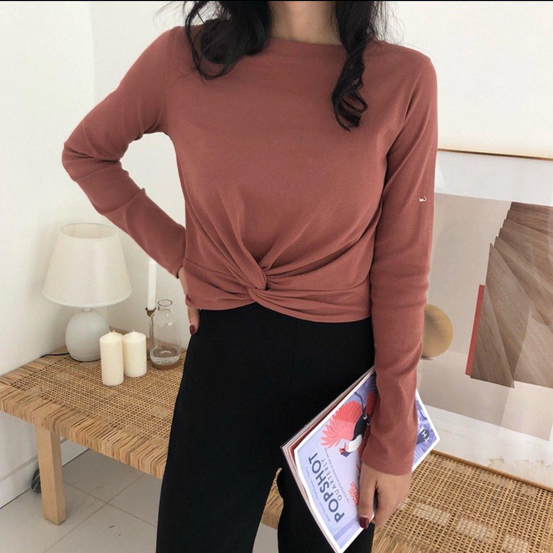 Áo thun tay dài xoắn eo, chất lụa đẹp mê 1142A11-2 ( MÀU ĐỎ )