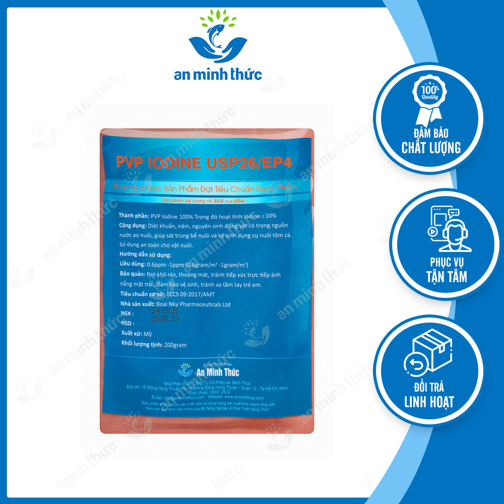 Diệt khuẩn nước ao nuôi Povidone Iodine bột gói 200g xử lý nước, tiêu diệt nhanh các loại vi khuẩn, vi nấm gây bệnh A21 - AMT Mart