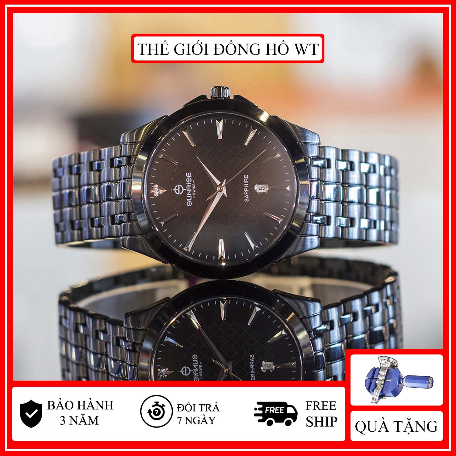 Đồng Hồ Nam Sunrise DM786SWA Hộp Sunrise, Thẻ Bảo Hành, Kính Sapphire chống xước chống nước, Dây Thép Đen