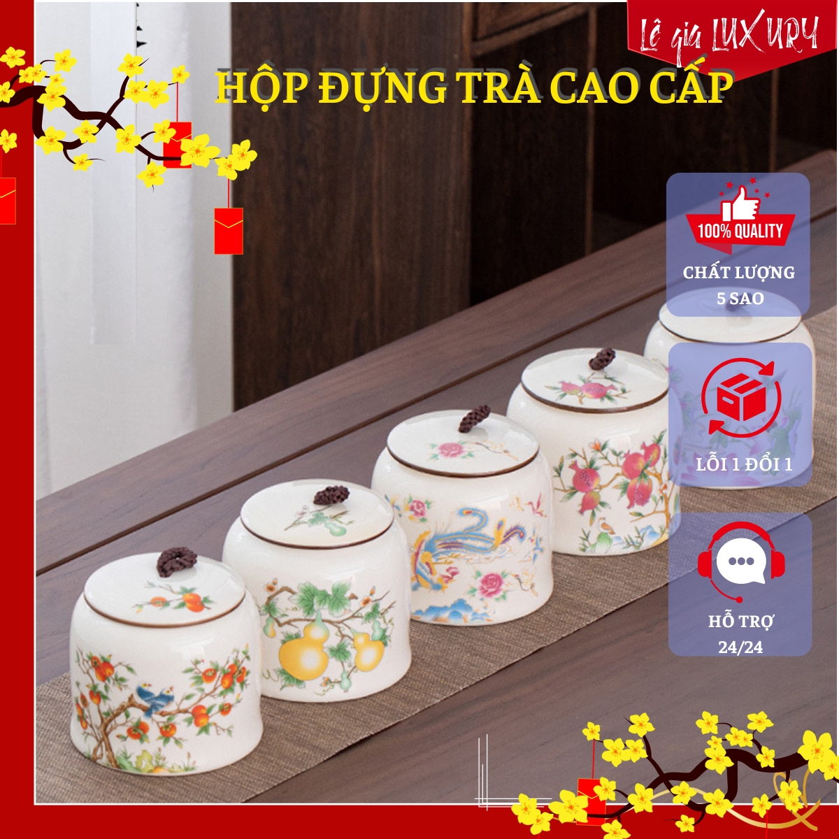 Hộp đựng trà Đức cảnh Trấn cao cấp, Bình đựng trà dung tích lớn, Hũ đựng trà gốm sứ Sang trọng đẳng cấp
