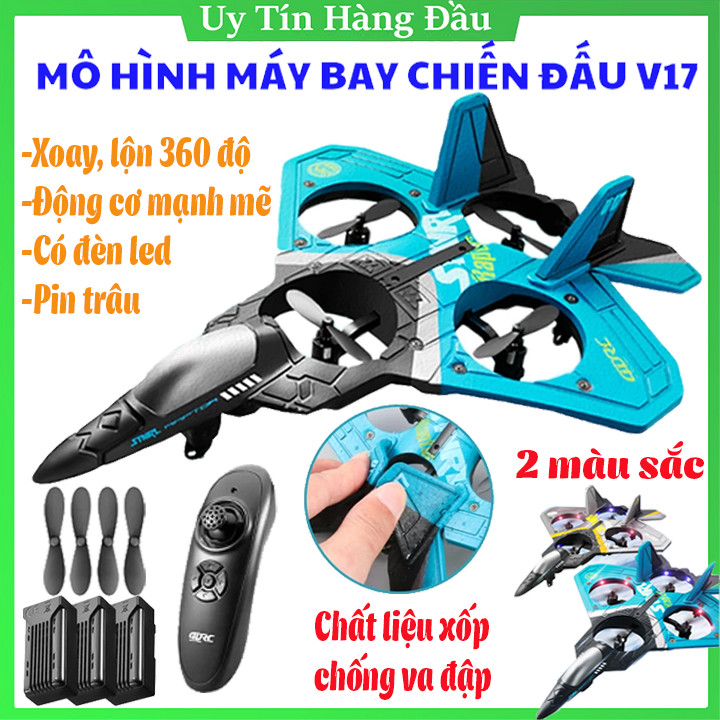 Máy bay xốp V17 Máy bay điều khiển từ xa 4 cánh Đồ chơi máy bay trực thăng máy bay fycam chống va đập có đèn Led nhào lộn 360 độ