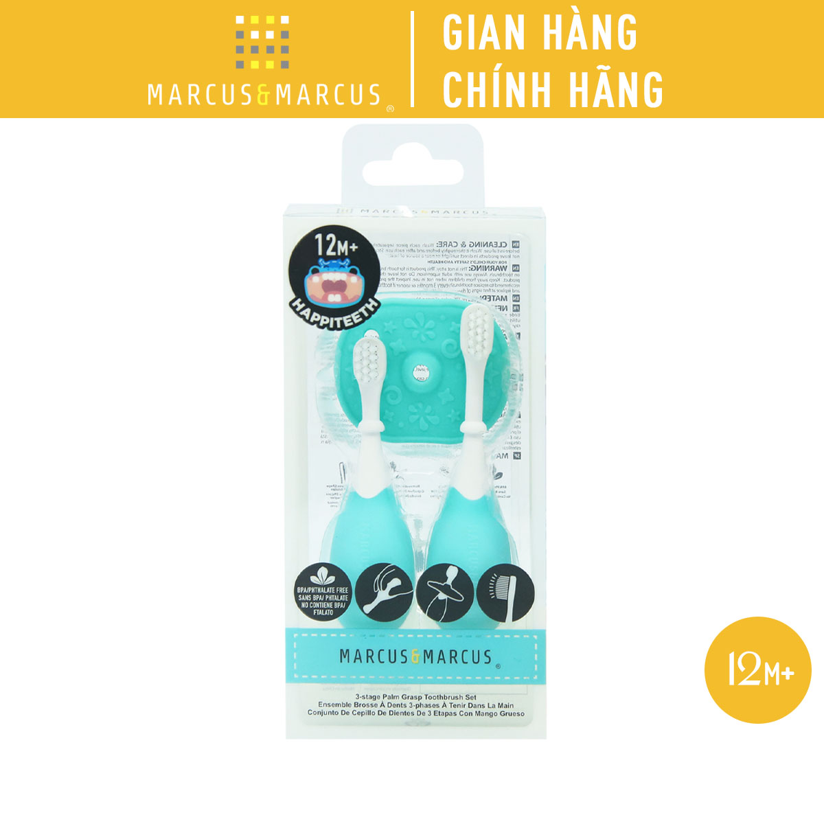 Bộ Bàn Chải Tập Đánh Răng Palm Grasp Marcus & Marcus Cho Bé, Từ 12 Tháng - Xanh Dương