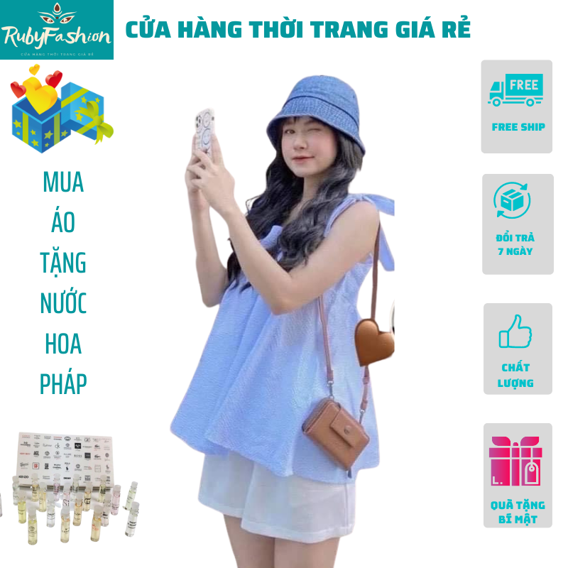 Áo nữ set áo babydoll kiểu 2 dây buộc nơ kèm quần tiểu thư bánh bèo dễ thươngXuongRubyTamnd tặng nước hoa 49k
