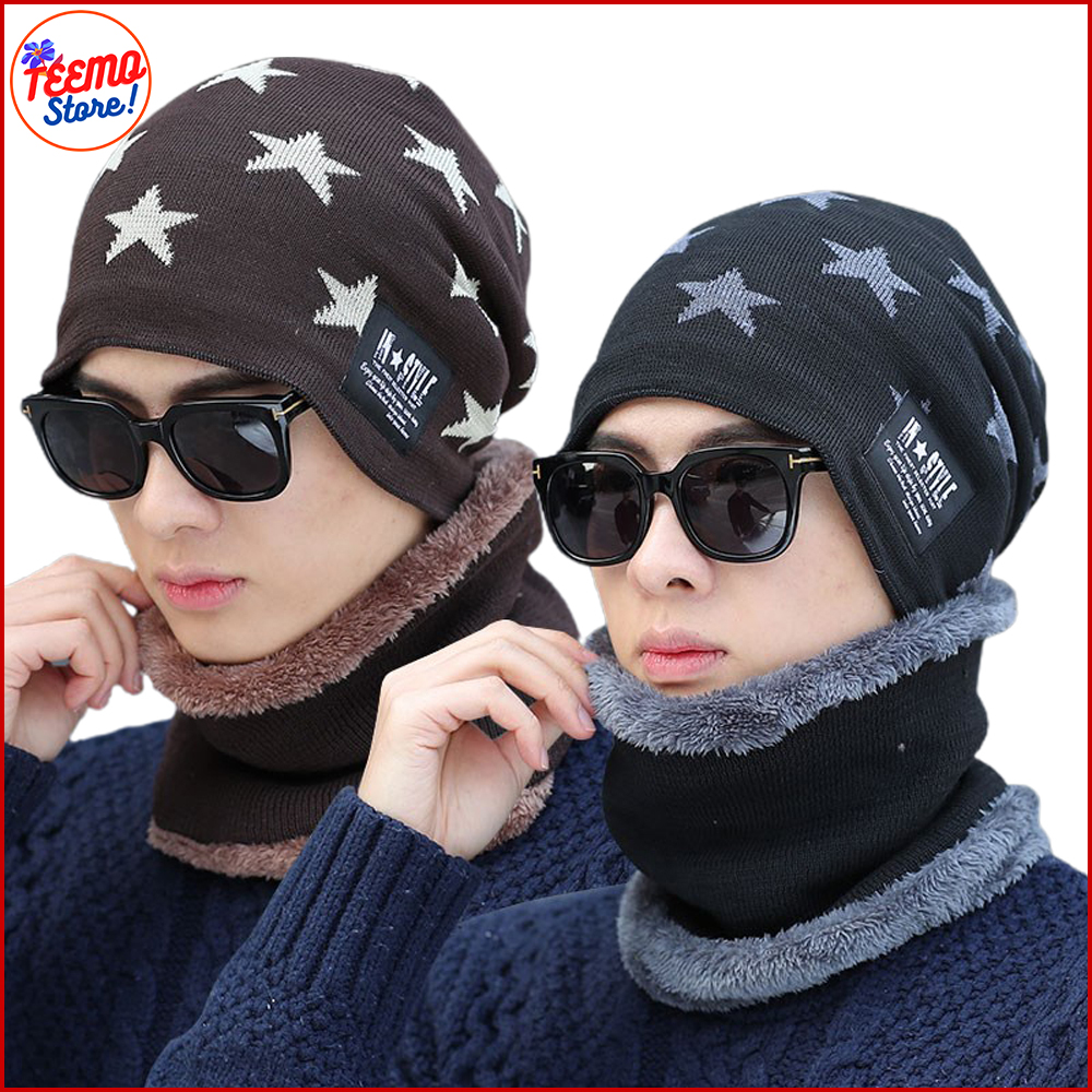 Set khăn mũ nam nữ len lót lông mùa đông hình ngôi sao siêu chất - TM05