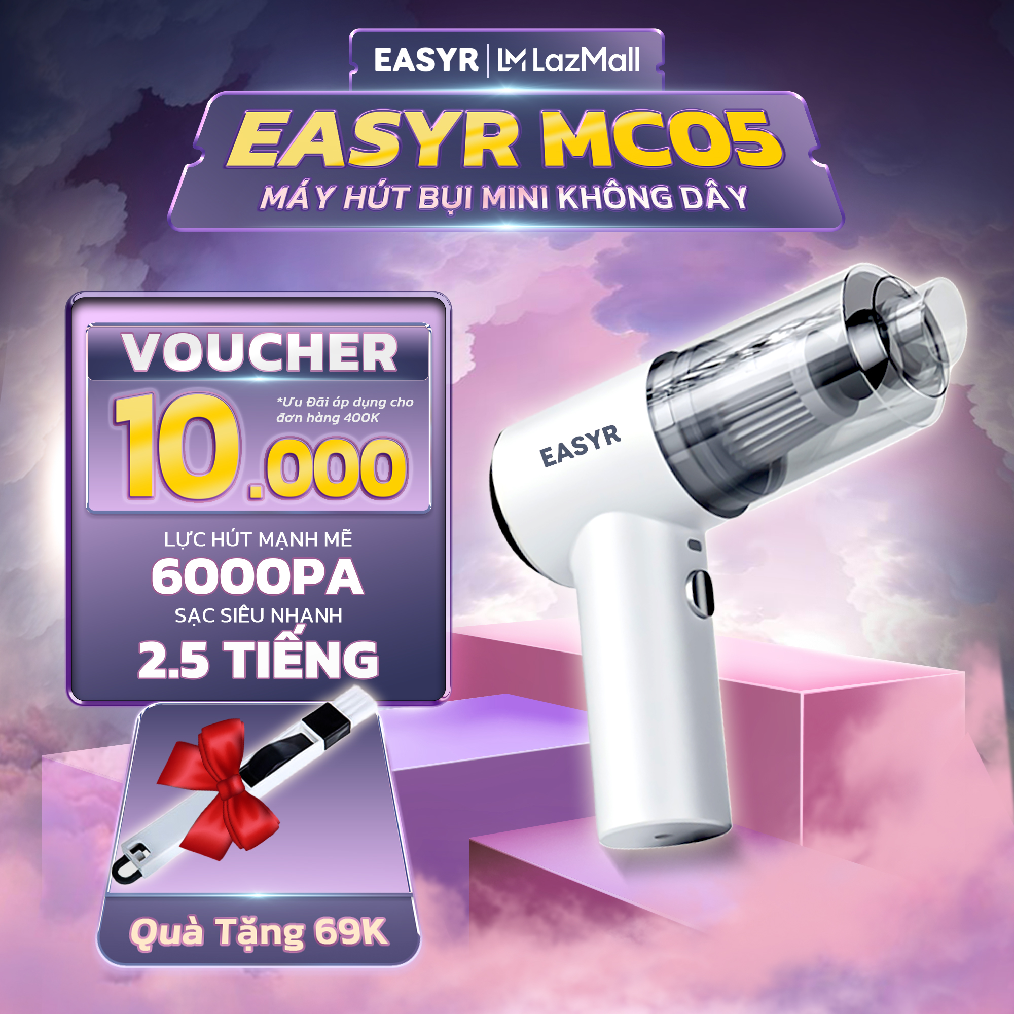 Máy hút bụi cầm tay MC05 máy hút bụi cầm tay không dây siêu mini nhỏ gọn EASYR lực hút cực mạnh 6000Pa công suất 120W