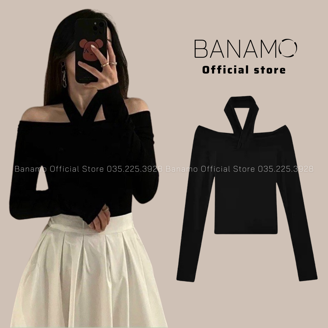 Áo thun chính hãng Banamo Fashion áo trễ vai phối dây yếm cổ chéo dáng ôm 3133