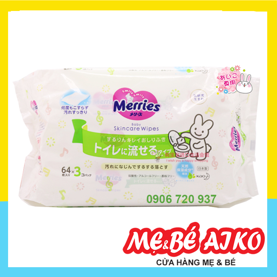 Sét 3 Gói Khăn Giấy ướt Merries dưỡng da tan trong nước 64 miếng/bịch