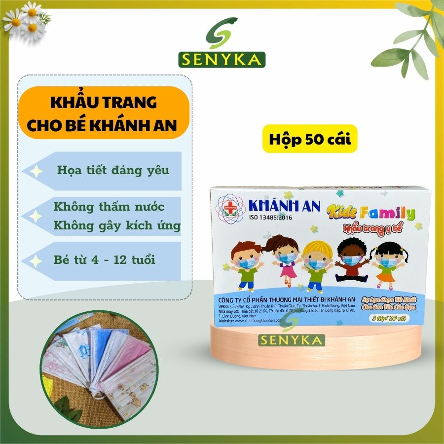 Khẩu trang cho bé trẻ em từ 5-12 tuổi hộp 50 cái cao cấp Khánh An 3 lớp kháng khuẩn _ KAKTYTC