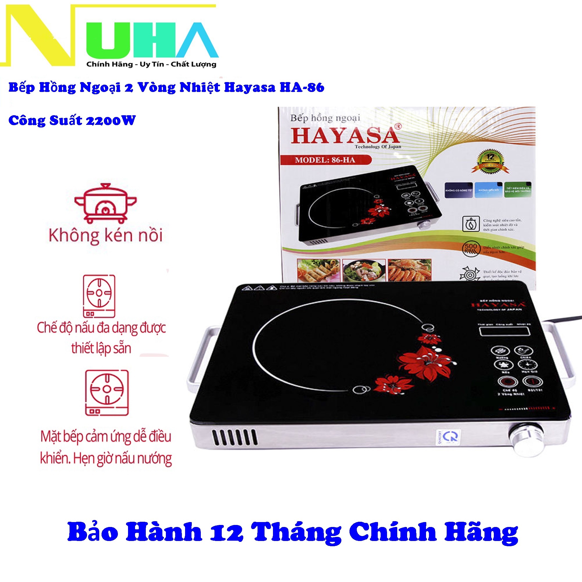 Bếp hồng ngoại không kén nồi chảo có tay cầm 2000W HAYASA HA-86 phím cảm ứng nhiều chức năng bảo hành 12 tháng