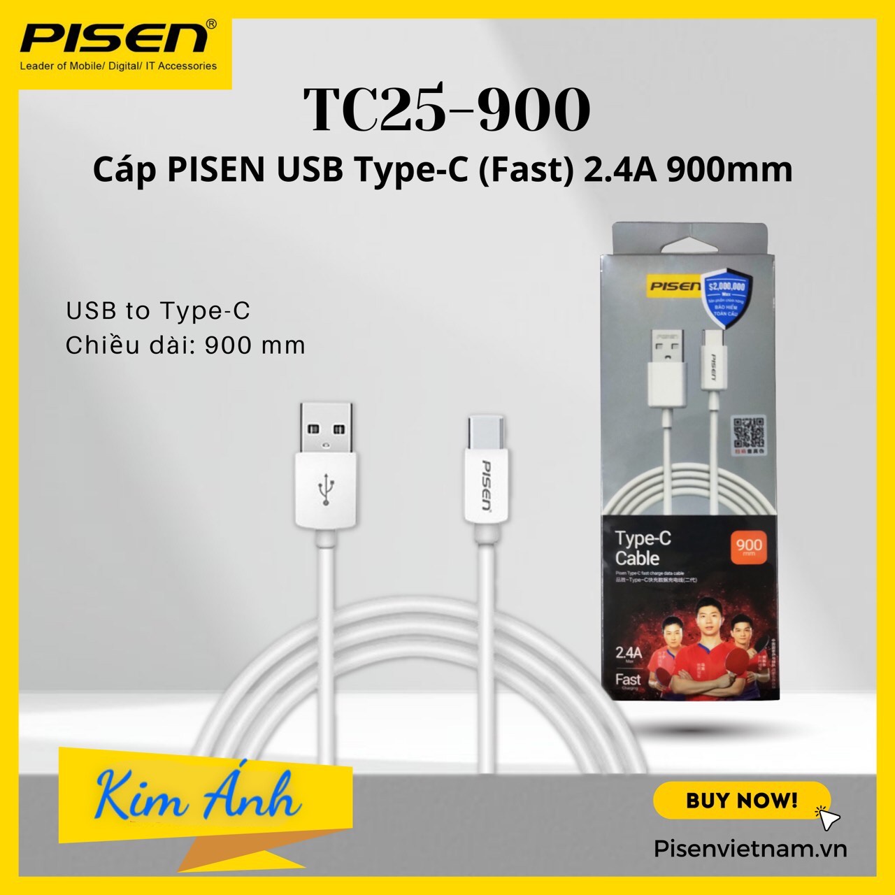 Cáp sạc nhanh Pisen USB Type-C Fast 3A 900mm  TC25-900, Hàng chính hãng