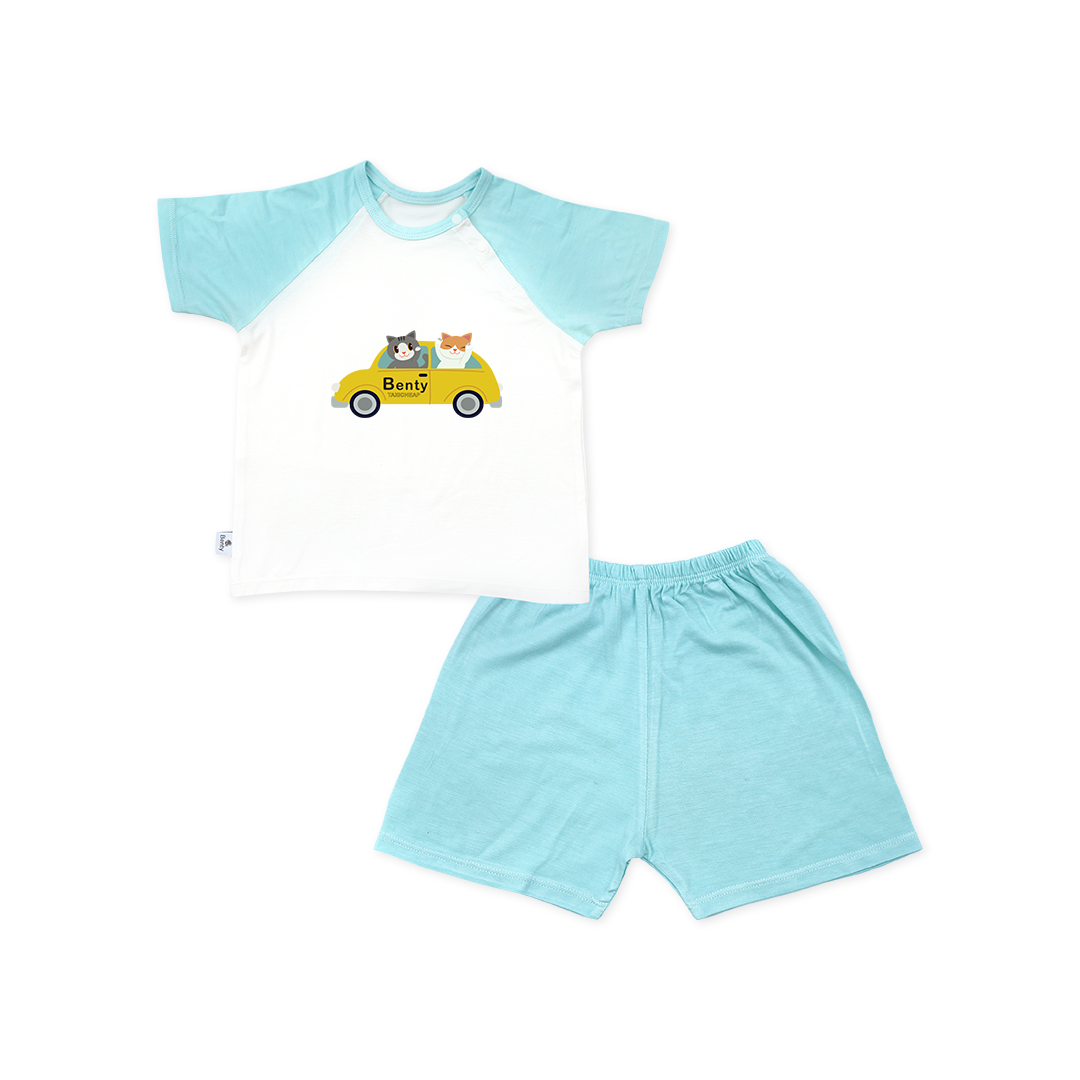 Bộ cộc tay cài chéo BENTY BT019 in xe cotton mềm mịn thấm hút mồ hôi, quần áo bé trai, bé gái