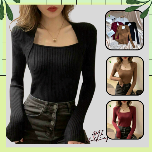 Áo kiểu body cổ vuông tay dài