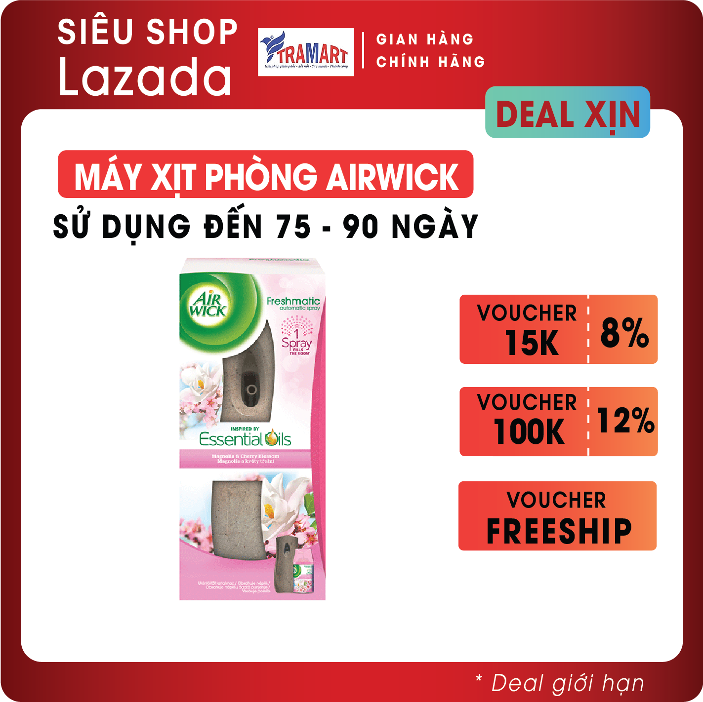 Máy xịt thơm phòng tự động Airwick AWK5816 Magnolia & Cherry Blossom 250ml