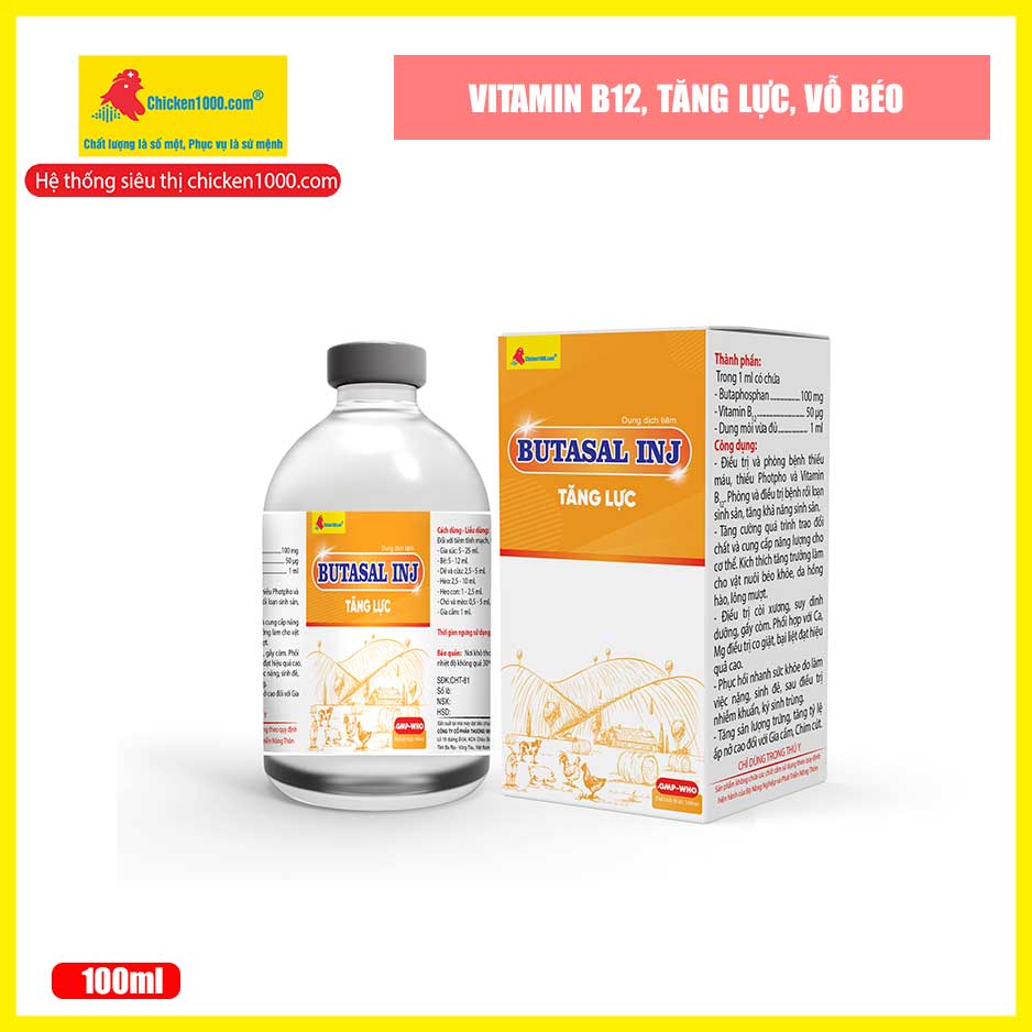 Thuốc thú y butasal inj chicken1000 tăng lực, bổ sung vitamin b12 cho heo, chó, mèo, gà, vịt, heo