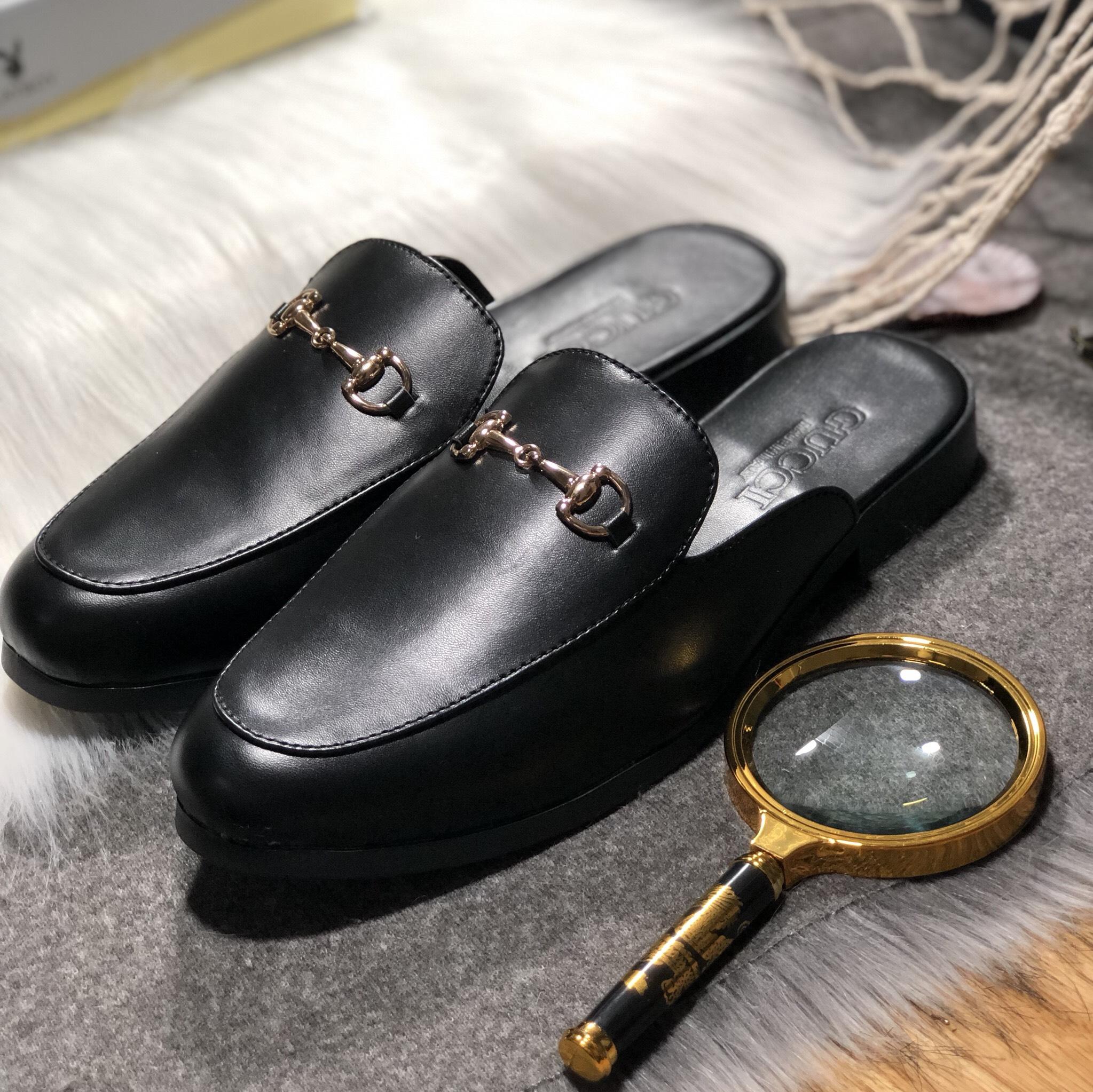 Giày lười nam da sục nam đen trơn gắn xích thời trang nam MyS