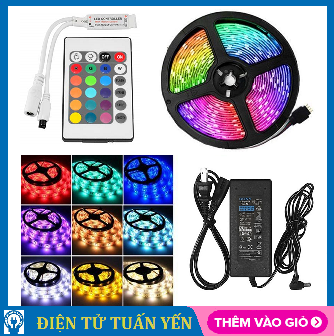 Bộ đèn led RGB 5050 đổi 7 màu có remote điều khiển và nguồn Sony loại tốt, phủ keo silicon chống nước, trang trí nhà cửa (cuộn 5m)