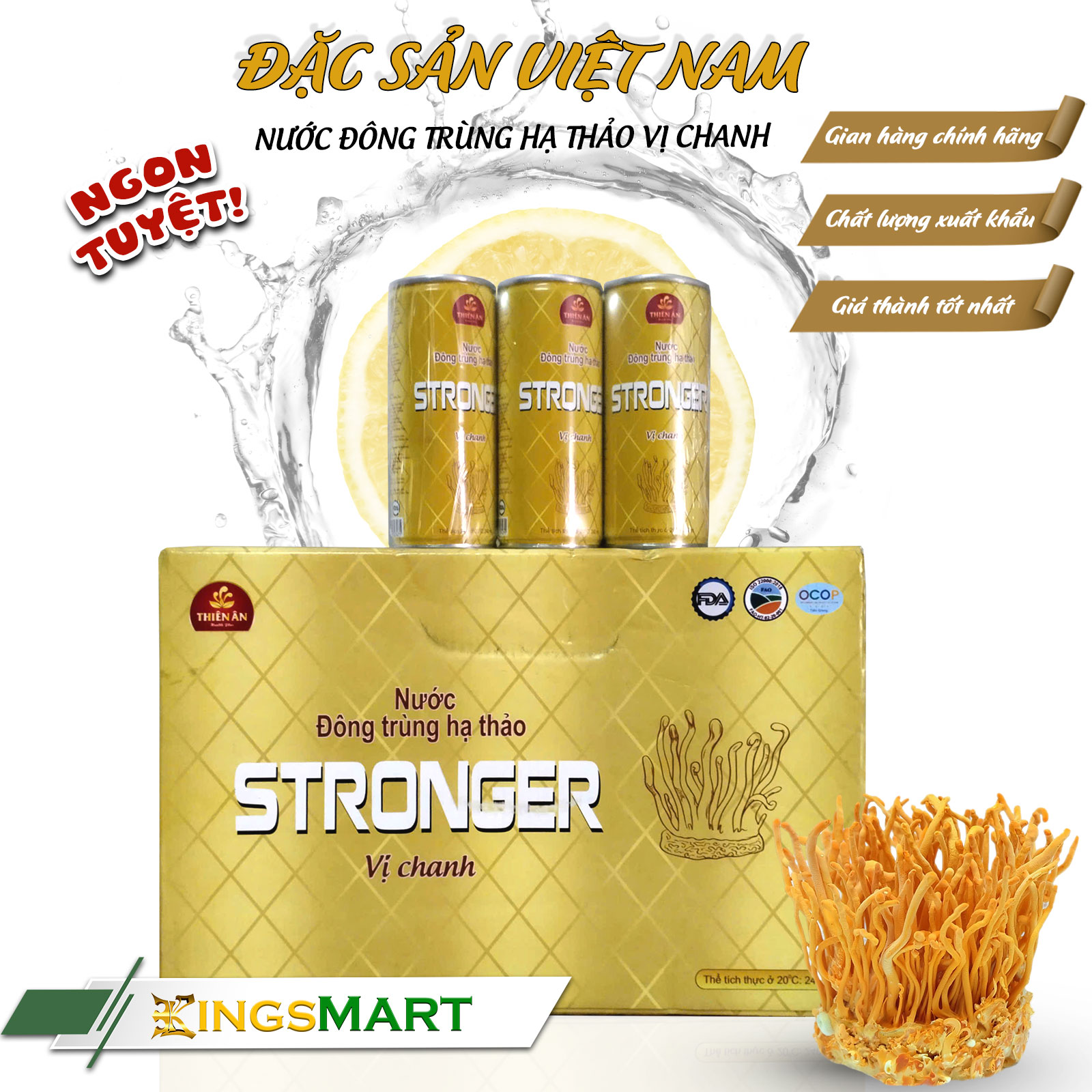 Thùng 24 Lon Nước Đông Trùng Hạ Thảo Vị Chanh STRONGER – Thương hiệu Thiên Ân – 330ml/chai