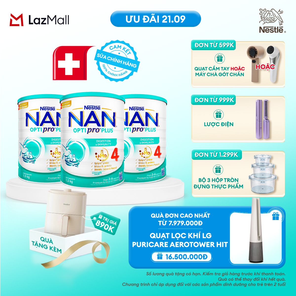 [CHỈ 21.09 QT ĐƠN 599K/999K/1299K] [Tặng Nồi chiên không dầu Gaabor] Bộ 3 lon Sữa bột Nestlé NAN OPTIPRO PLUS 4 1500g/lon với 5HMO Giúp tiêu hóa tốt