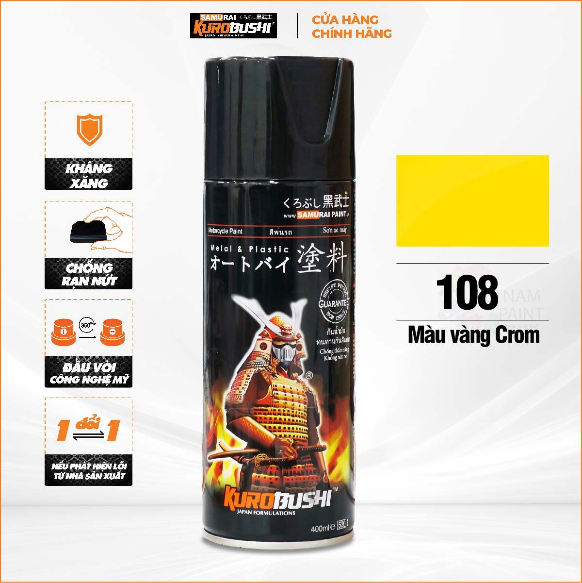 Sơn xịt samurai kurobushi - màu vàng crom 108 chuyên dùng cho xe máy