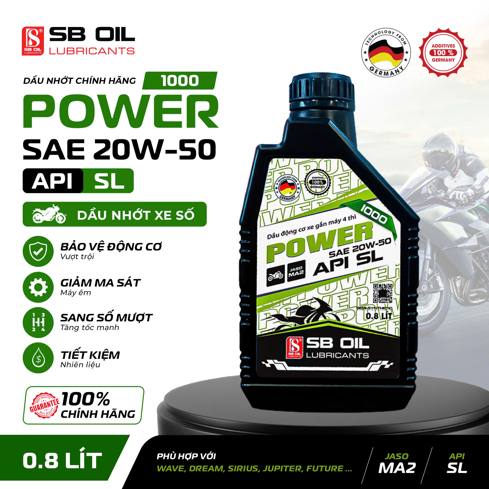 Gear Oil for Cars and Motorbikes Sb Oil Power 1000 20W50 Api Sl Jaso Ma2 0.8L, Lubricant Oil Helps the Engine Operate Smoothly, Saving Fuel. Giá 35,000 Đồng*Miễn phí vận chuyển