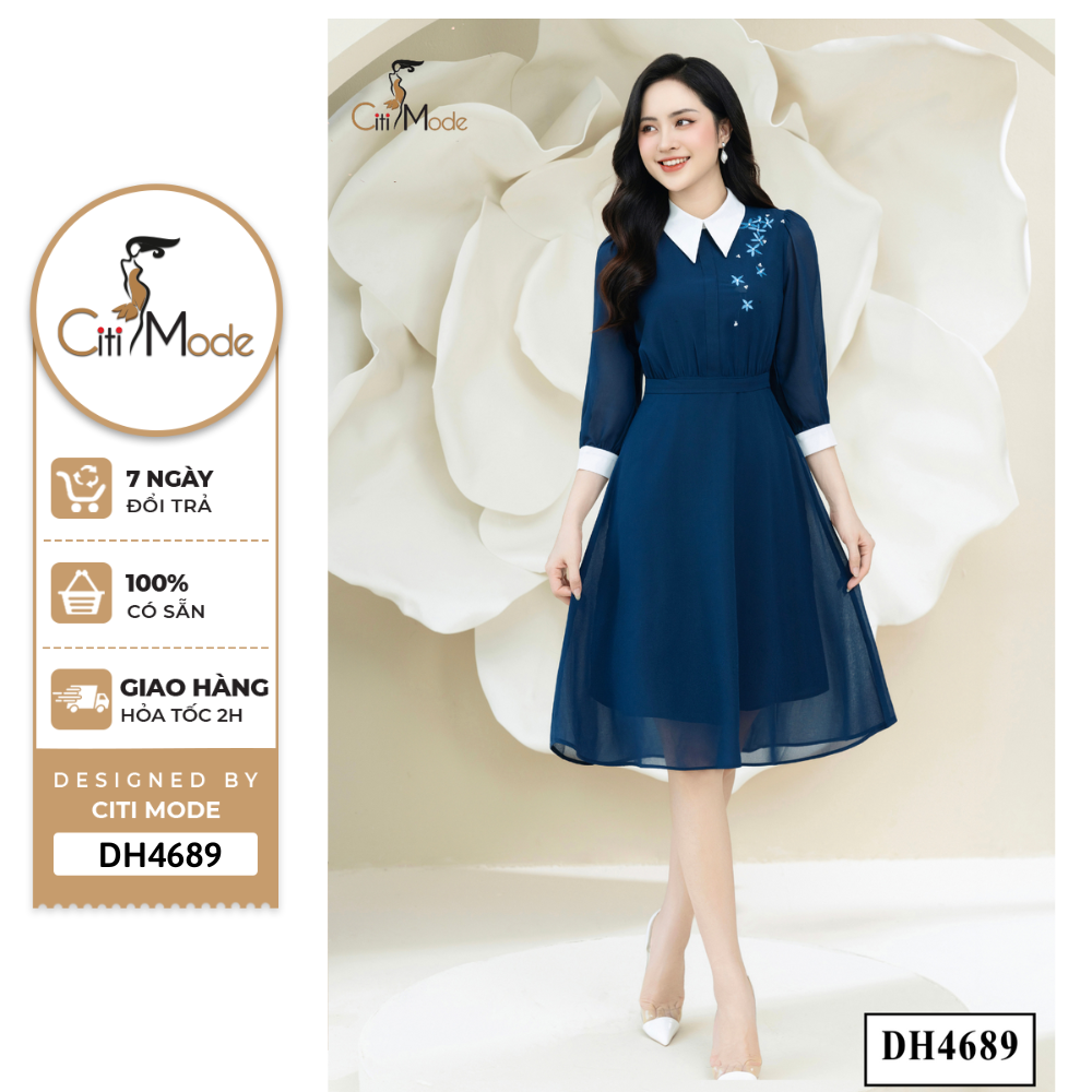 Đầm công sở citi mode fashion thiết kế dáng xòe voan xanh than phối cổ trắng dh4689