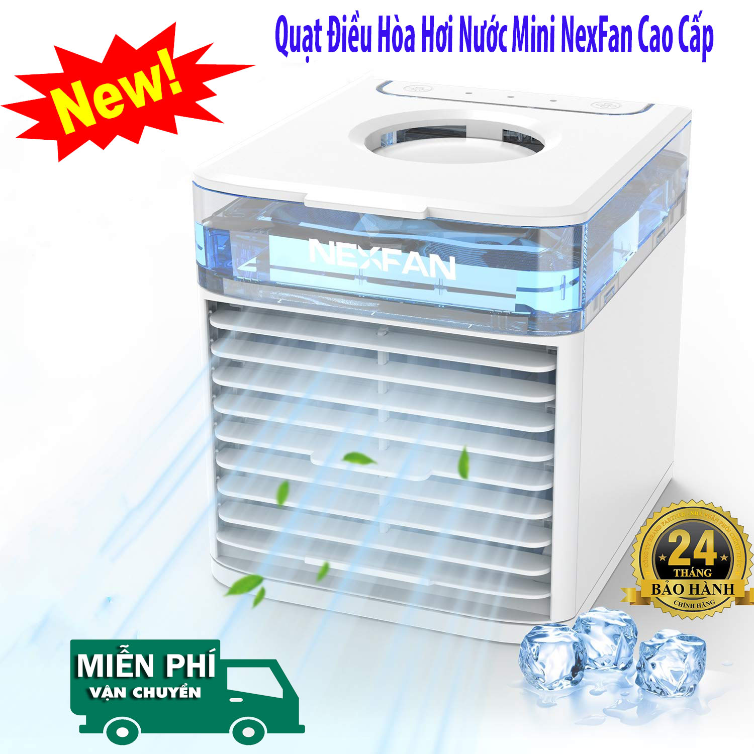Quạt Điều Hòa Hơi Nước Mini NexFan, Quạt Phun Sương Tạo Độ Ẩm 3 Chế Độ Gió Làm Mát, Dung Tích 500ml, Làm mát cực nhanh bằng công nghệ ion không khí tiên tiến, Có đèn LED điều chỉnh được 7 màu sắc khác nhau, Bảo hành 24 tháng