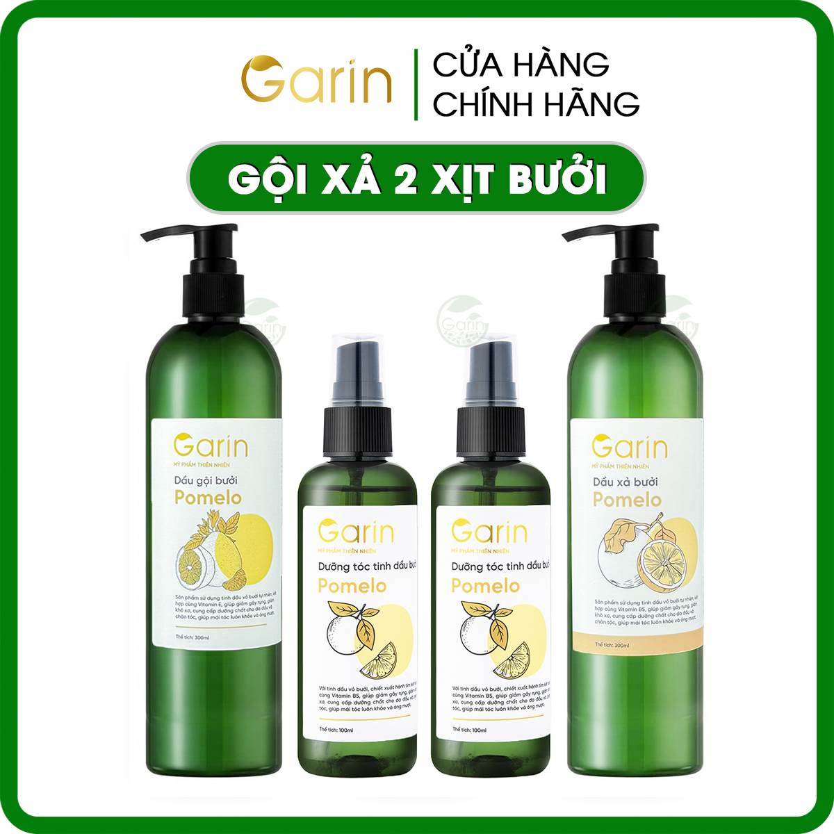 Liệu trình 1 dầu gội 1 dầu xả 2 xịt tinh dầu bưởi pomelo GARIN kích mọc tóc mới ngăn rụng tóc nuôi dưỡng tóc chắc khỏe suôn mượt phục hồi hư tổn