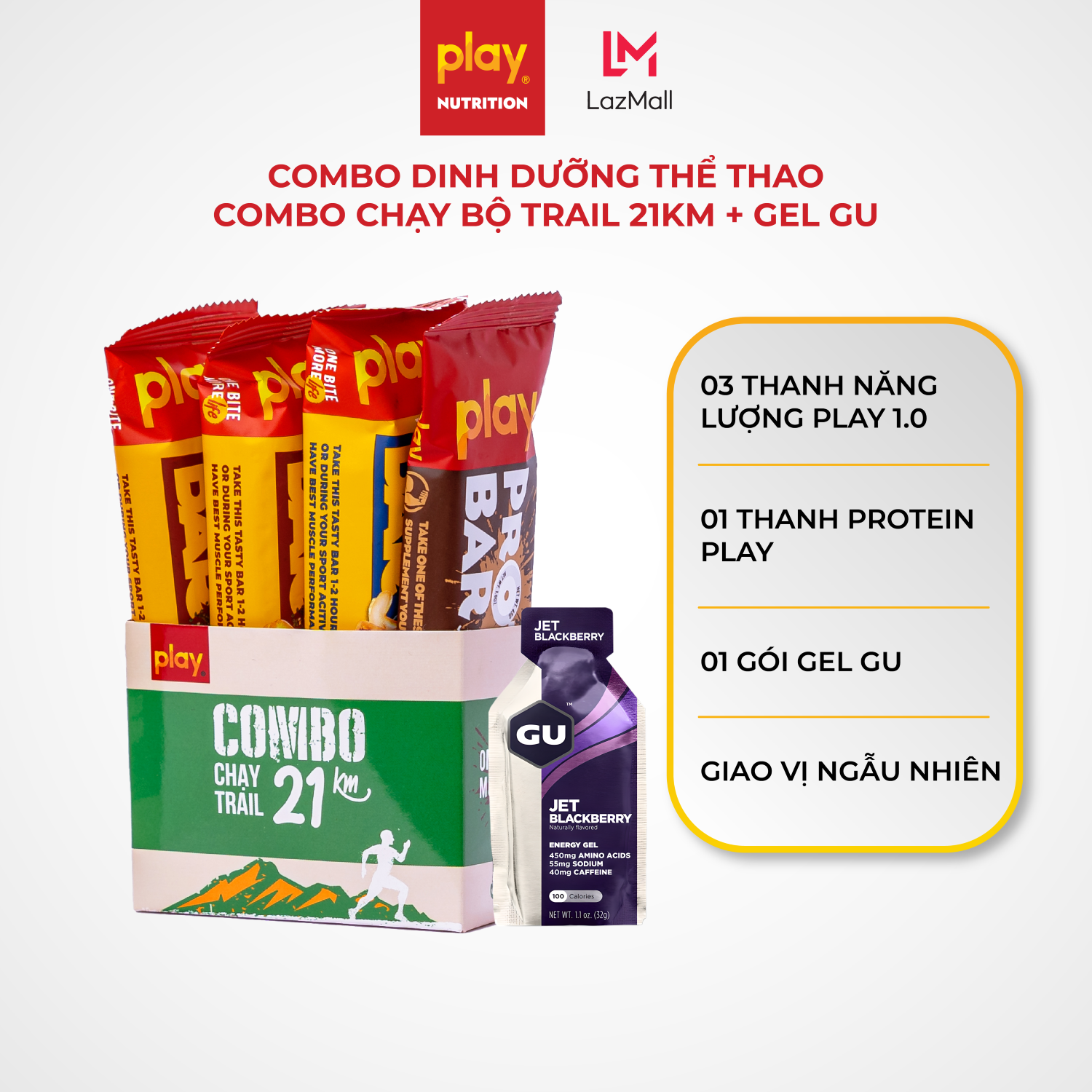 Combo dinh dưỡng thể thao - Thanh năng lượng PLAY, thanh protein PLAY, gel GU - Combo chạy bộ Trail 21km